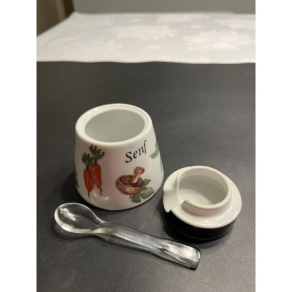 Gerold Porzellan Bavaria Mushroom Veggie Motif Condiment Jar w Lid & Spoon
